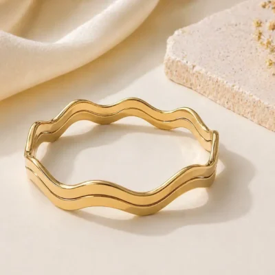 Çelik Bilezik 14K Altın Renk Kadın Minimal Şık Tasarım 2’li Set