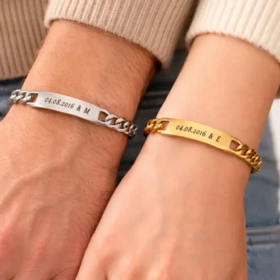 Kişiye Özel İsim ve Tarih Yazılı Çelik Zincir Bileklik - Unisex Sevgili Bilekliği